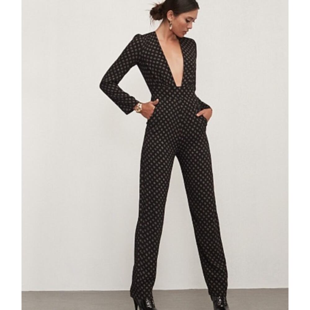 Reformation Mayhem Floral Raleigh Long Sleeve Plunge Neck Black Jumpsuit Size 4
